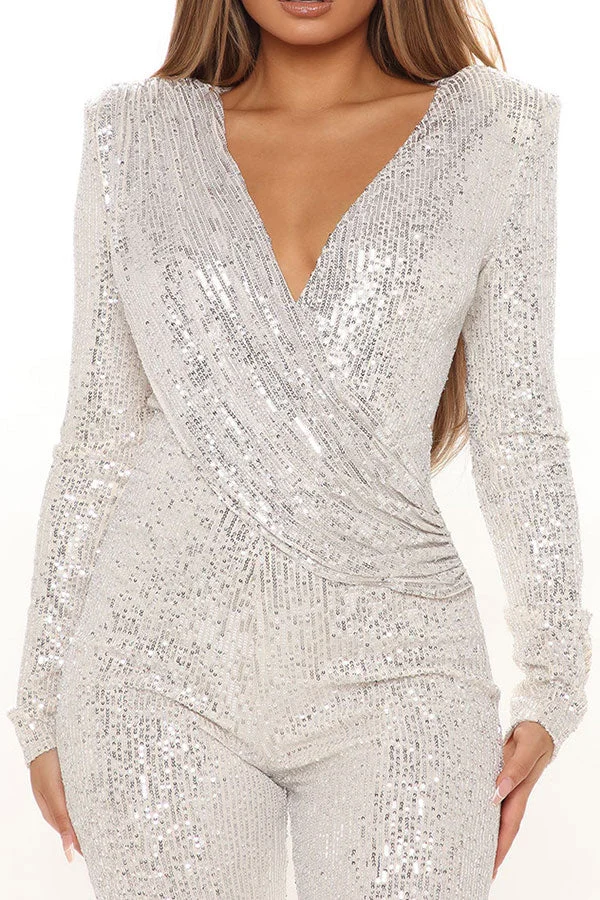Sequined Glittery Deep V Neck Jumpsuit