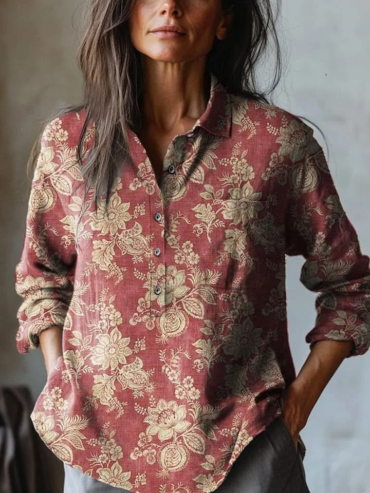 Women's Vintage Lovely Floral Art Print Casual Cotton And Linen Shirt