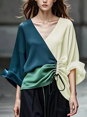 Image of Long Sleeves Loose Color-Block Contrast Color Drawstring Elasticity V-Neck Blouses&Shirts Tops