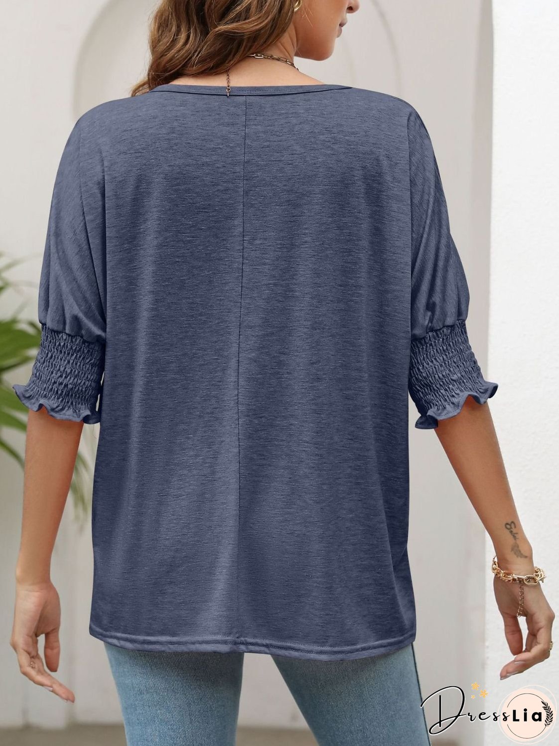 Smocked Flounce Sleeve Round Neck T-Shirt