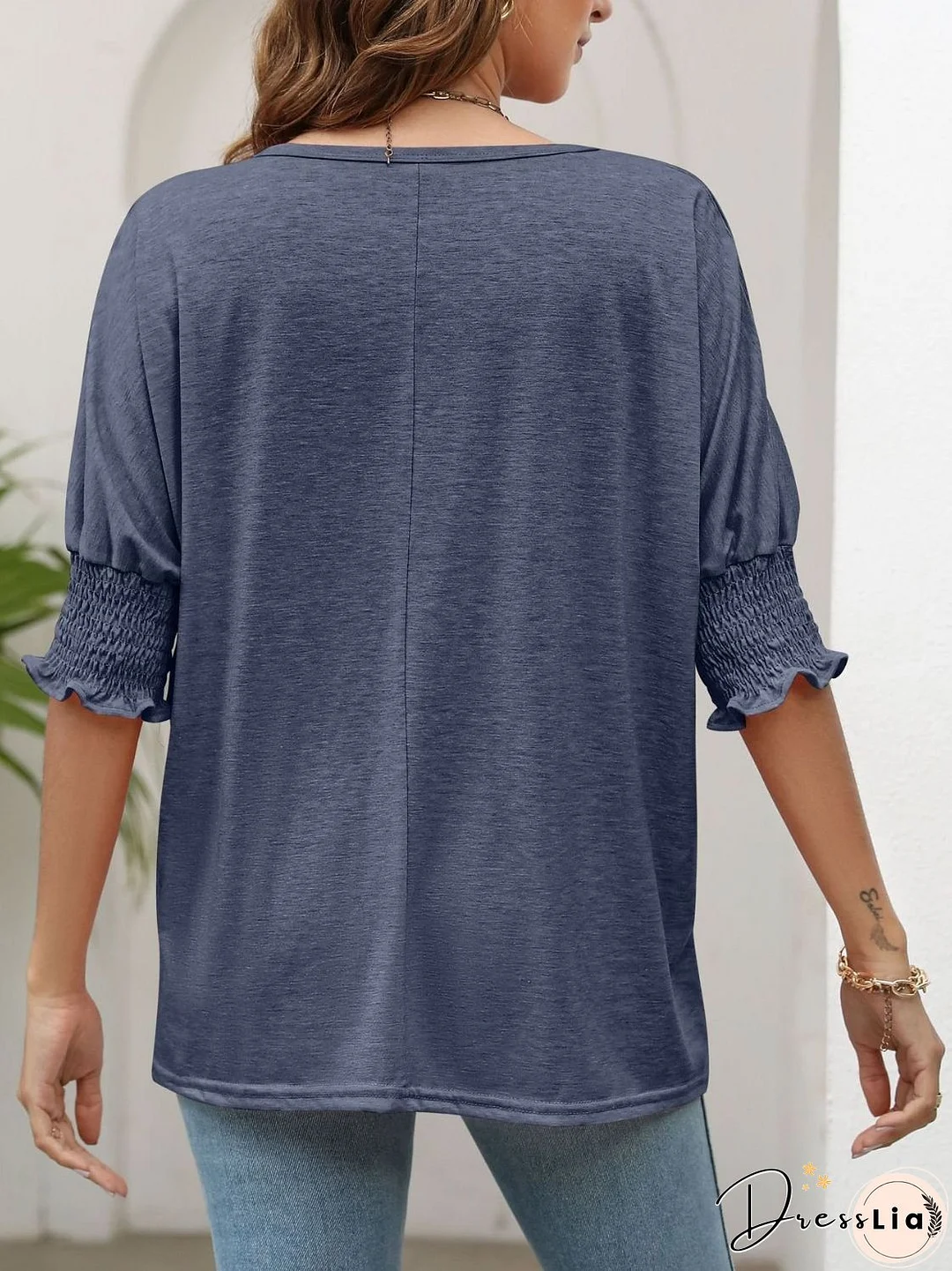 Smocked Flounce Sleeve Round Neck T-Shirt