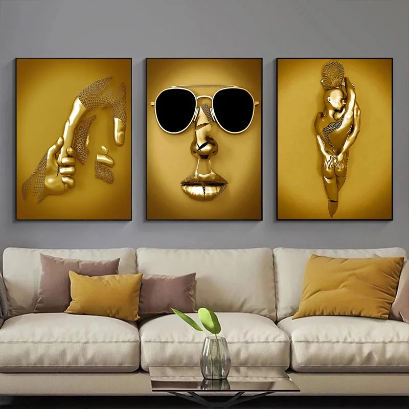 Nigikala Figure Statue Art Canvas Painting Golden Modern Lovers