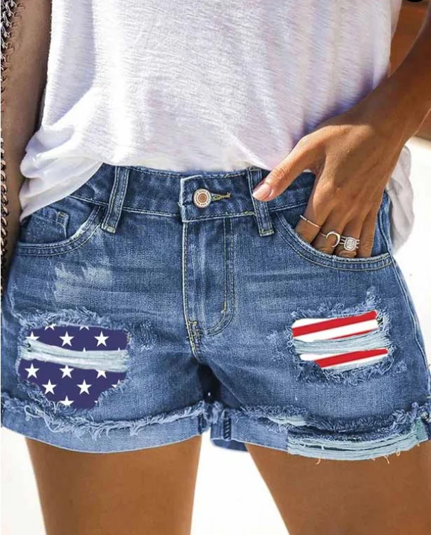 Printed Cuffed Ripped Denim Shorts