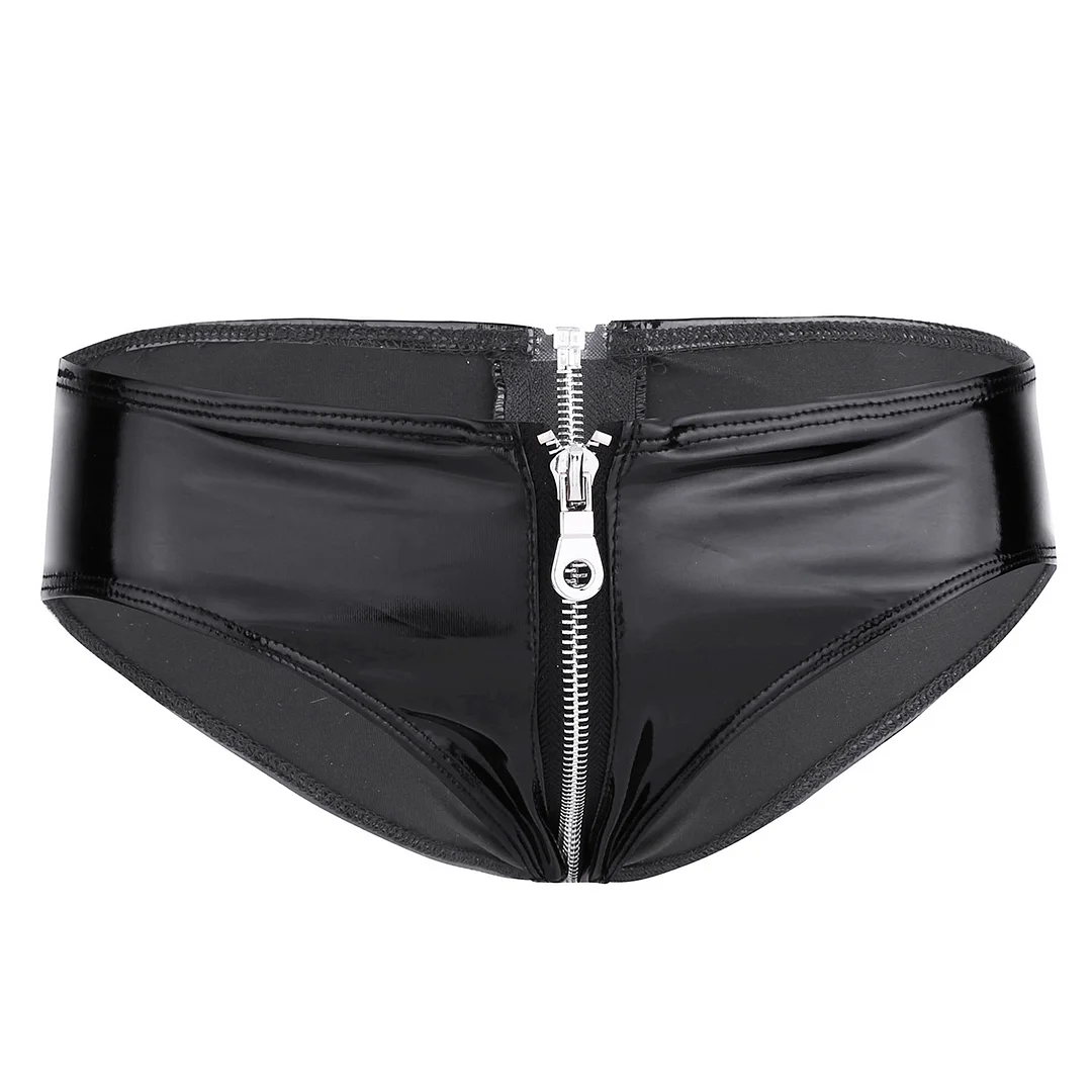Billionm Womens Erotic Hot Sexy O Ring Zipper Crotch Briefs Low Waist Wet Look Patent Leather Panties Sexy Porn Underwear Underpants