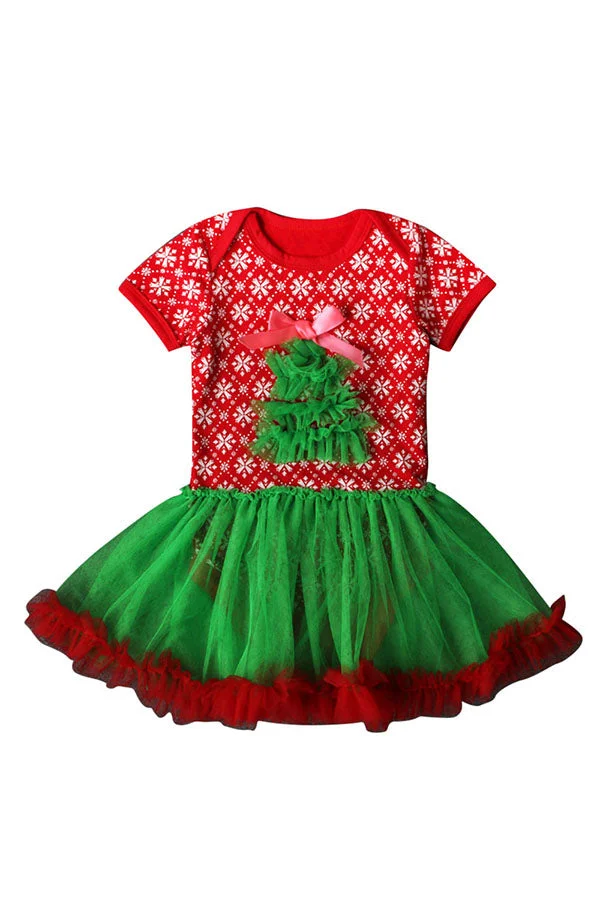 Short Sleeve Snowflake Print Baby Girls Christmas Tree Dress Green-elleschic