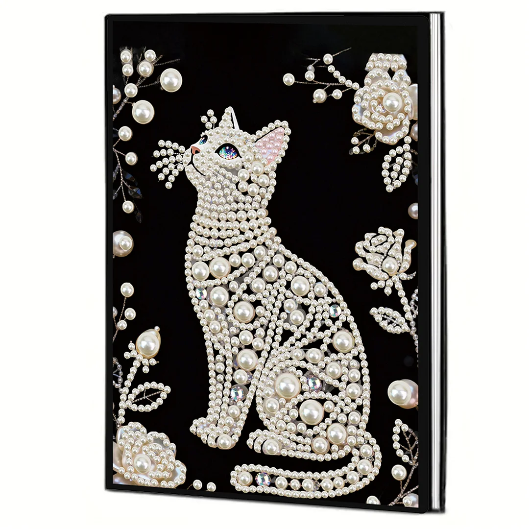 Flowers and Cat Partial Pearl DIY 50 Pages A5 Diamond Painting Notebook Special Shaped Diamond Art Diary Book Kits Wireless Strip 5D Crystal Art Paintings Sketchbook for Art Drawing