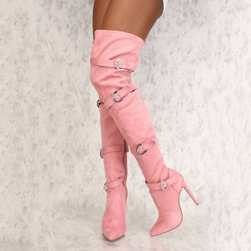 Light Pink Suede Buckles Thigh High Pointed Stiletto Heel Boots Vdcoo