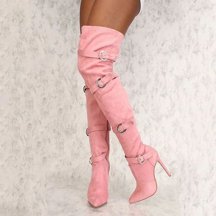 Light Pink Vegan Suede Boots Pointed Stiletto Heel Thigh High Buckles Boot |FSJ Shoes