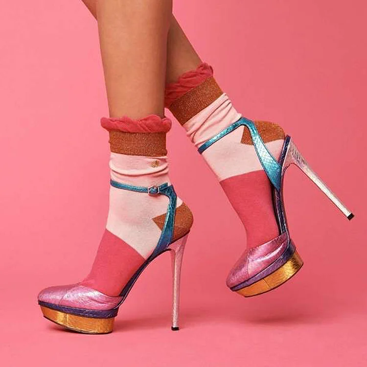 Multicolor Almond Toe Platform High Heels Ankle Strap Pumps Vdcoo