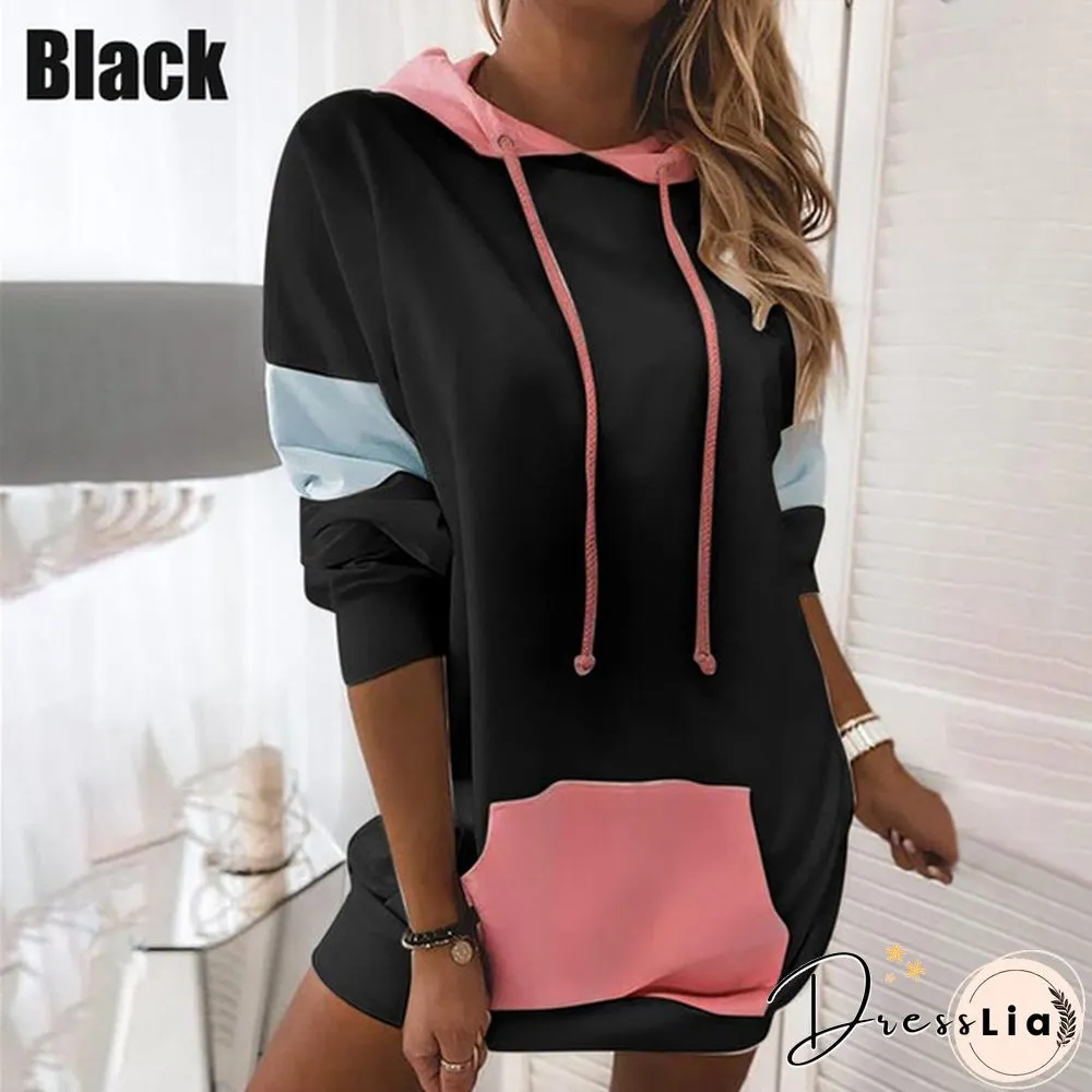 New Winter Womens Fashion Warm Loose Pullover Dress Long Sleeve Hoodies Color Block Mini