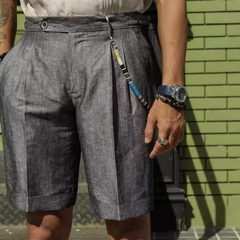 Vintage Gentleman Double Pleated Linen Cuffed Western Shorts