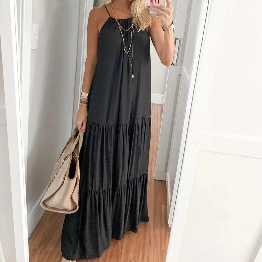 Casual Black Pleated Splice Loose Halter Dress