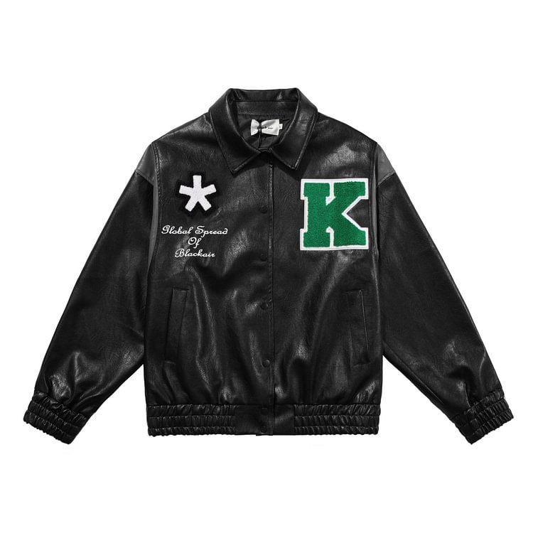 Y2K Retro Street PU Leather Jacket With Lapel Embroidery And Off Shoulder Towel-luchamp:luchamp