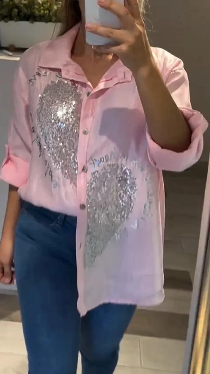 WOMEN'S LAPEL HEART SEQUINED CASUAL SHIRT