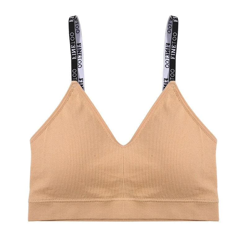 FINETOO Deep V Women Tops Fashion Letter Strap Bralette Girls Padded Bras M-2XL Plus Size Female Crop Top Ladies Sexy Lingerie