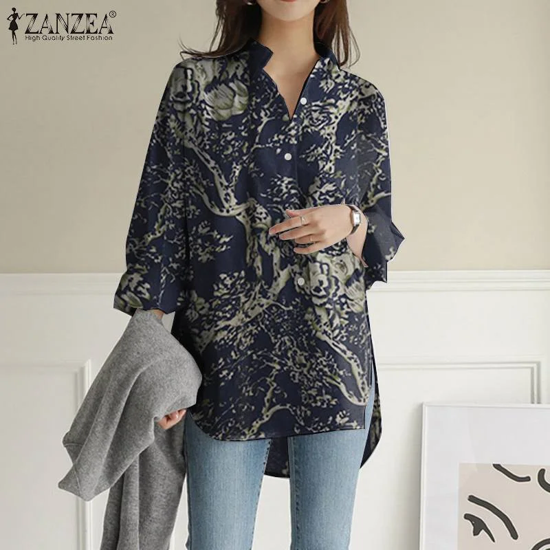 Vintage Overszied Shirts ZANZEA Autumn Printed Tops Tunic 2022 Fashion Women Irregular Blusas Casual Long Sleeve Blouse Chemise