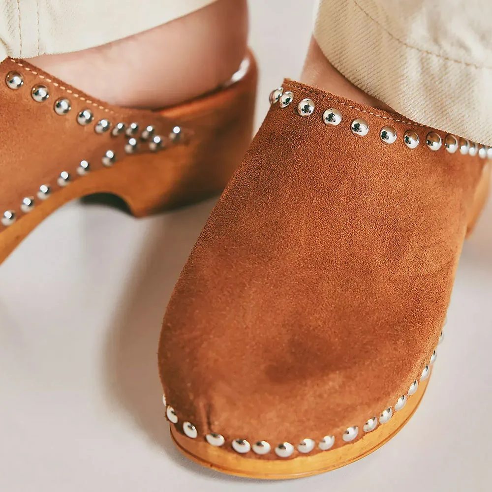 Brown Vegan Suede Round Toe Platform Heeled Mules with Studded
