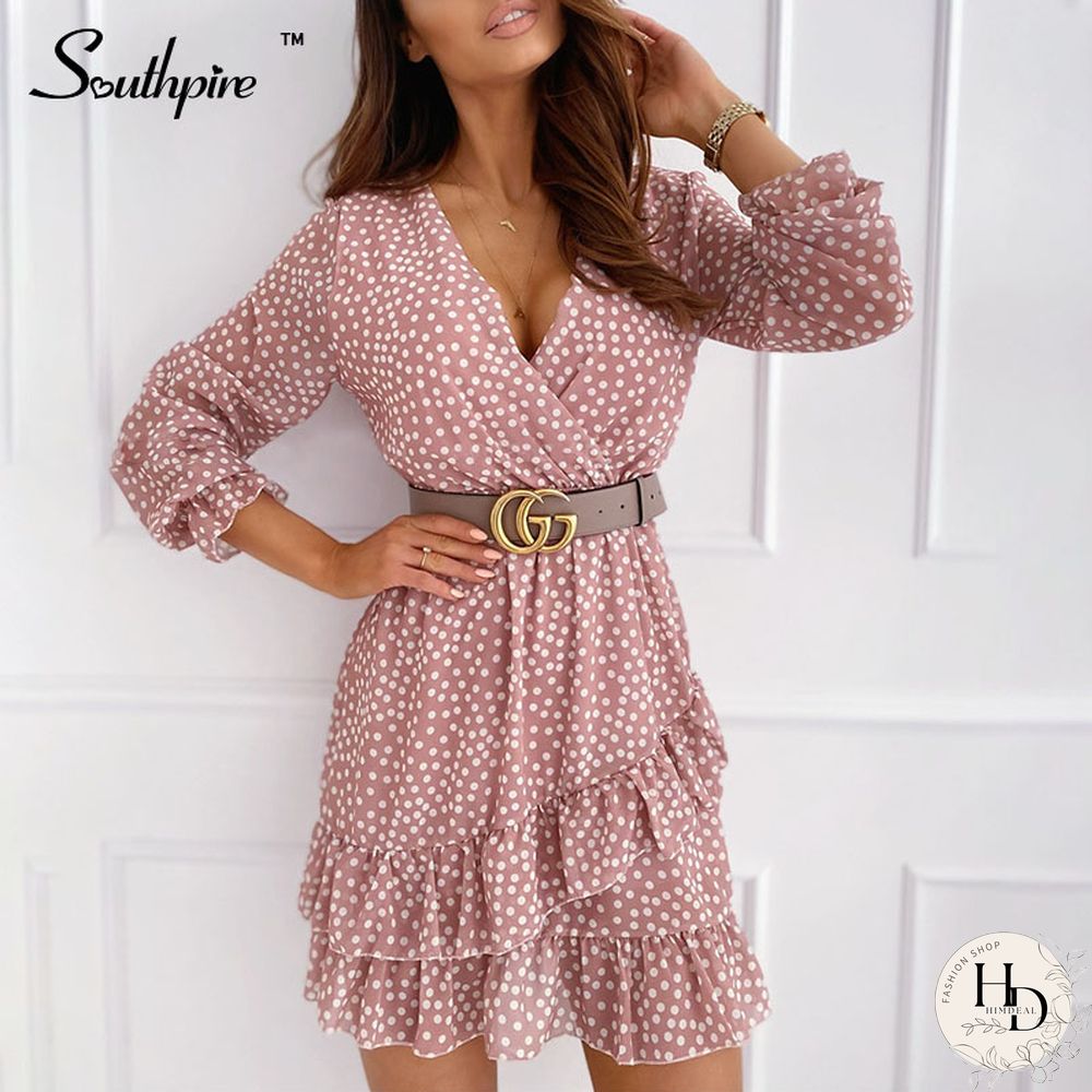 Southpyre Sexy V-Neck Pink Polka Dot Mini Dress Womens Long Sleeve Ruffle Elegant Party