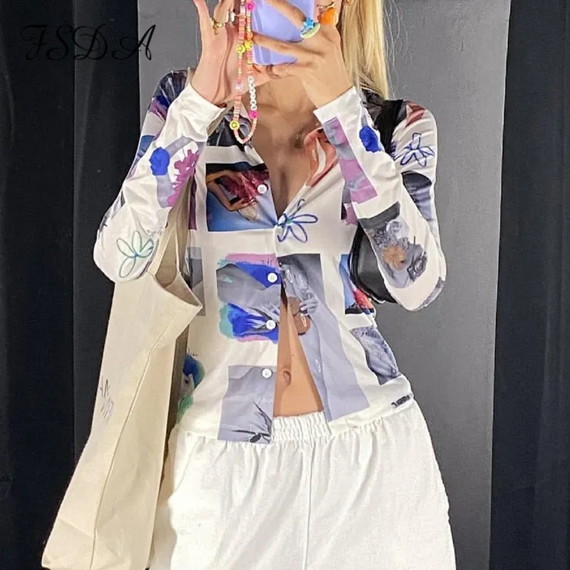 FSDA Letter Print Long Sleeve T Shirts Blue Sexy Women V Neck Black Autumn Summer Casual Crop Tops Fashion 2021