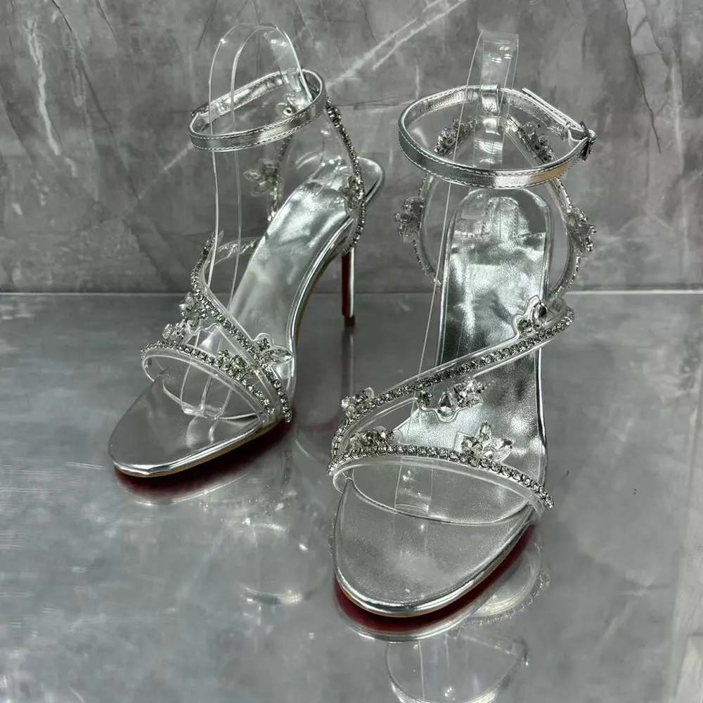 100mm Spotlight Wavy Straps Sandals Red Bottom Stilettos Rhinestones Sandals -vocosishoes