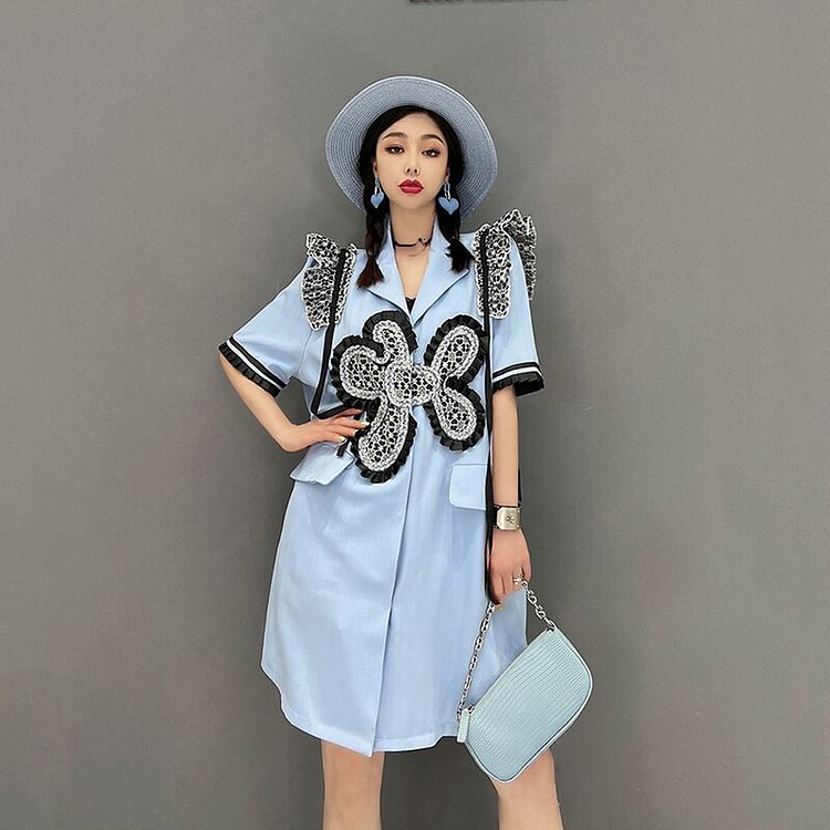 Fashion Contrast Color Lapel Lace Flower Decor Short Sleeve Pockets Suit Dress      