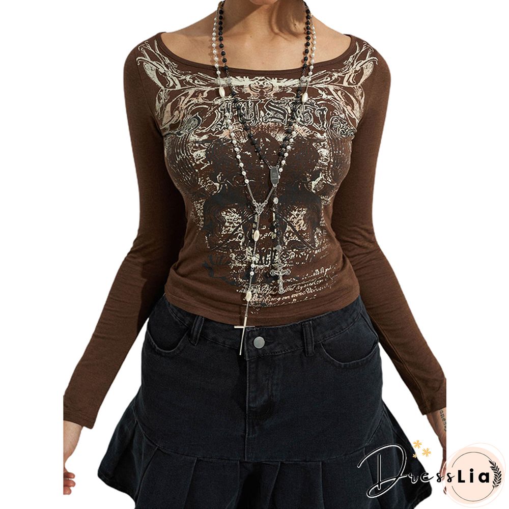 Vintage Women Graphic Print T Shirt Goth Long Sleeve Clothes Skinny Street Ladies Tops Anime Clothes Dark Academia Tee