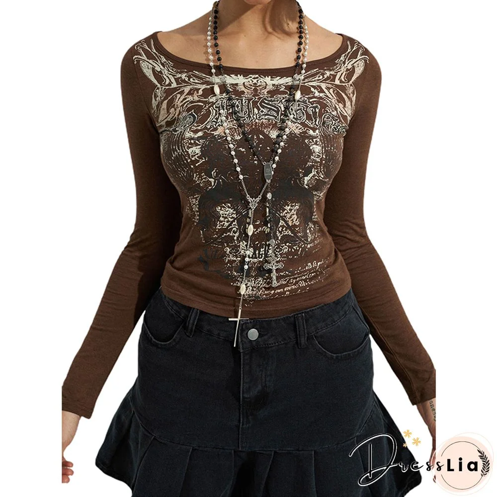 Vintage Women Graphic Print T Shirt Goth Long Sleeve Clothes Skinny Street Ladies Tops Anime Clothes Dark Academia Tee