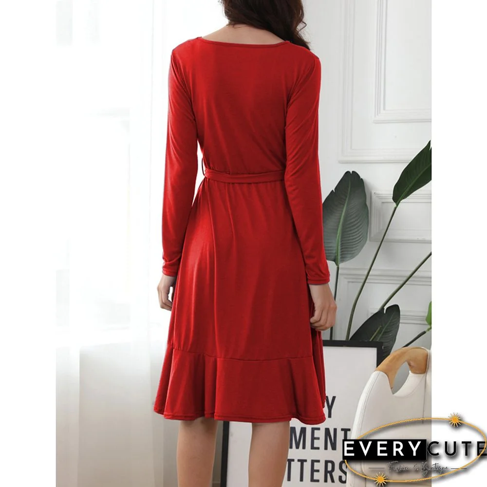 Red Ruffled Hem Tie Waist Long Sleeve Casual Dress