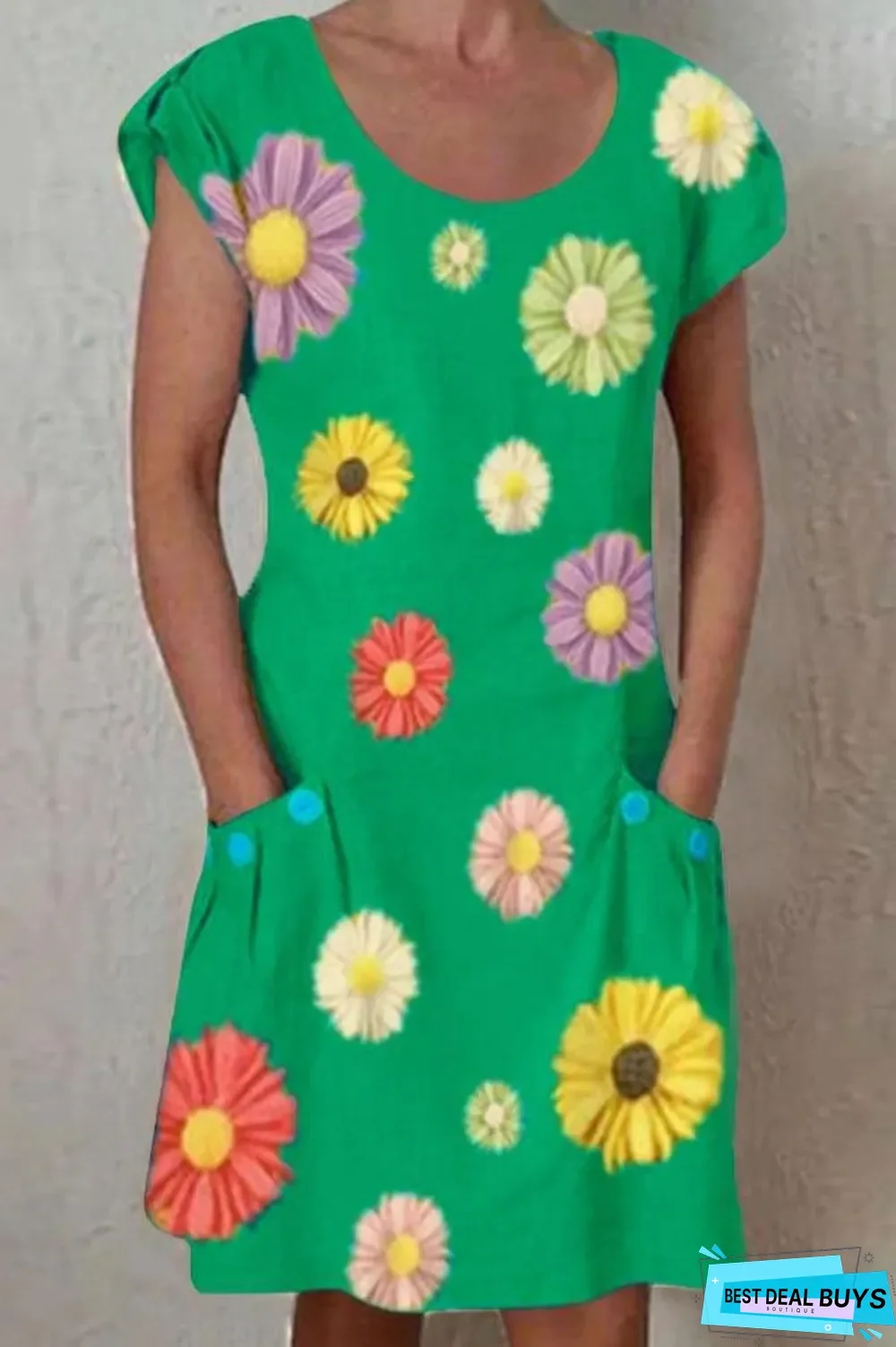 Daisy Print Paneled Short Sleeves Pockets Casual Midi Dress