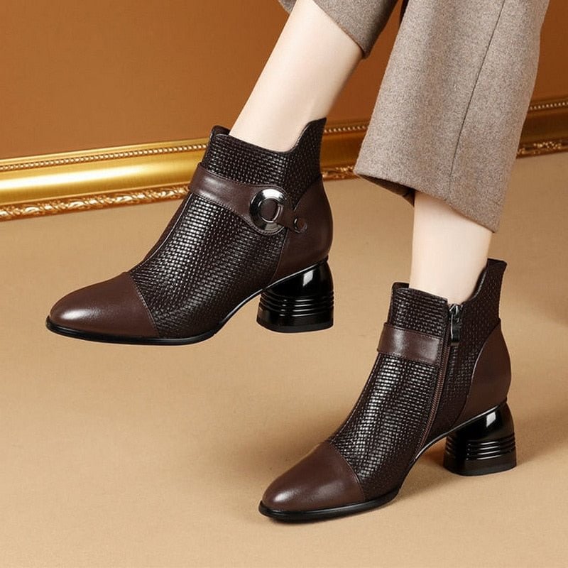 2021 Soft  Leather Women Ankle Boots,Autumn/Winter Shoes,Short Botas,Square Toe,Block High Heel,Side Zip,BROWN,Dropshipping