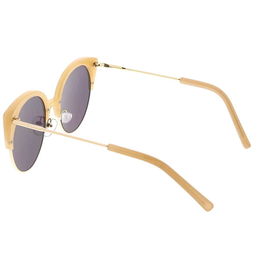 Women's Half Frame Cat Eye glasses Ultra Slim Arms Mirrored Round Flat Lens 53mm