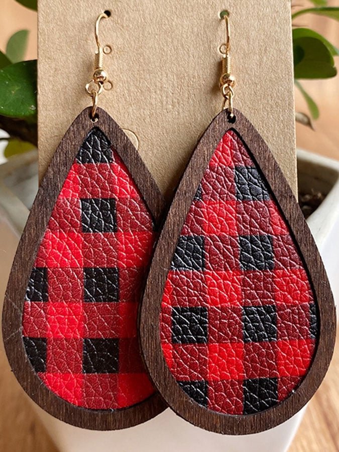 Lychee Wood Frame Earrings Plaid Earrings