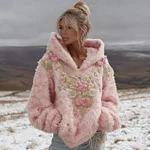 Women's Vintage Pink Floral Embroidered Art Cozy Plush Hoodie - Image 2