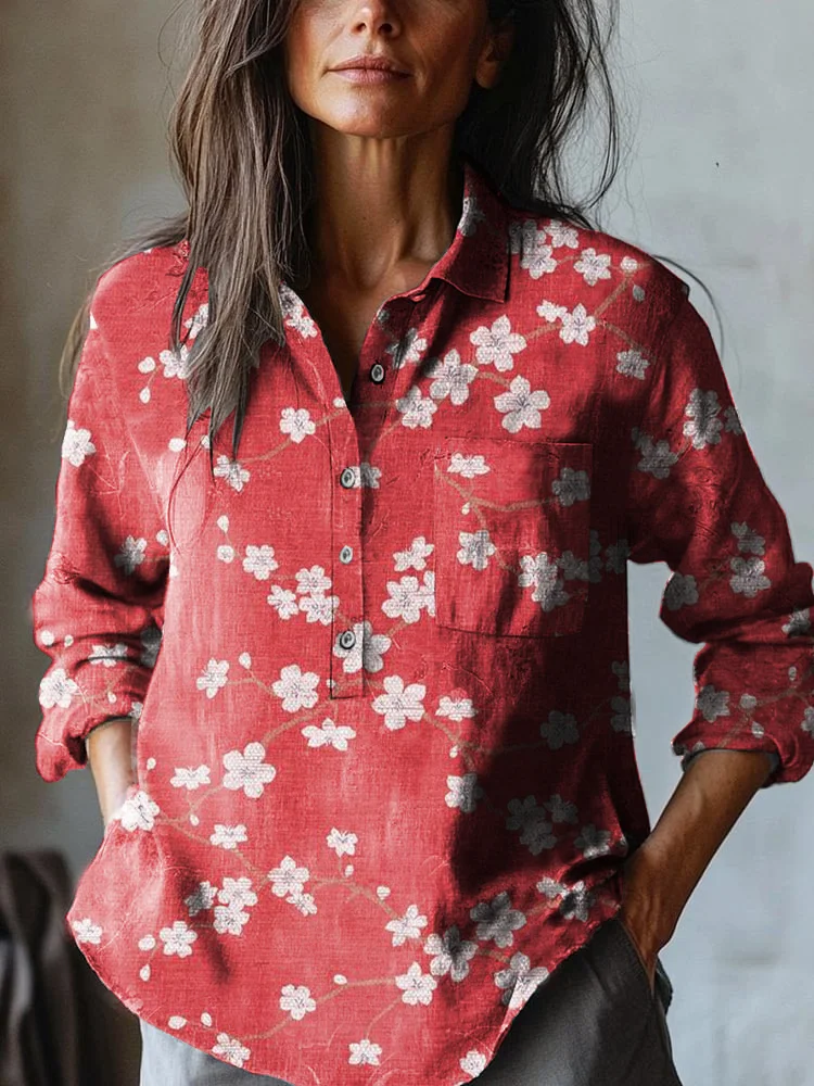 Women's Vintage Japanese Classic Plum Blossom Art Print Casual Cotton And Linen Shirt