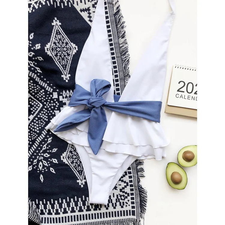 Flaxmaker Halter Ruffled Color Block Belt Sexy One Piece Swimsuit