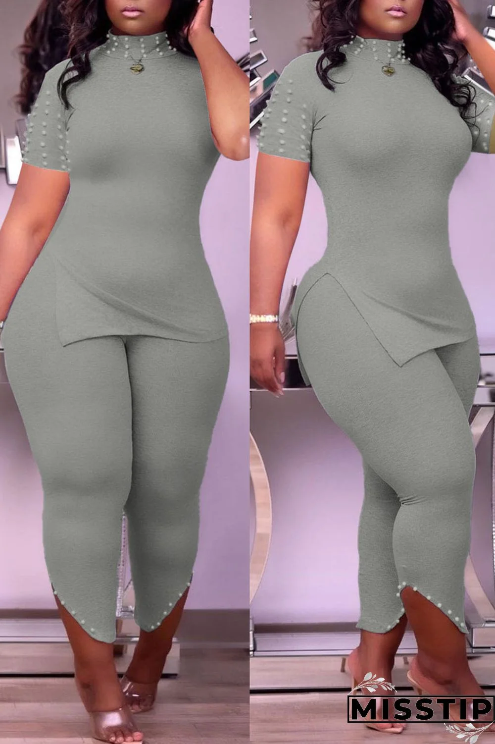 Burgundy Casual Solid Patchwork Slit Beading Half A Turtleneck Short Sleeve Two Pieces