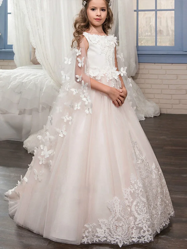 Daisda  Sleeveless Boat Neck Flower Girl Dresses Tulle With Lace  Appliques