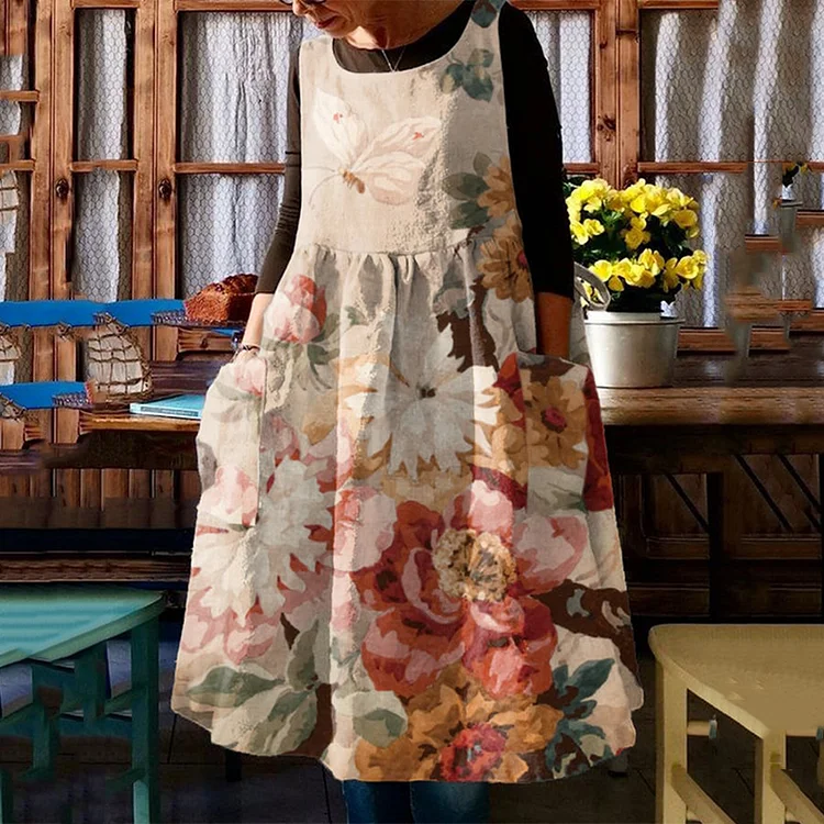 VChics Vintage Floral Print Sleeveless Loose Midi Dress