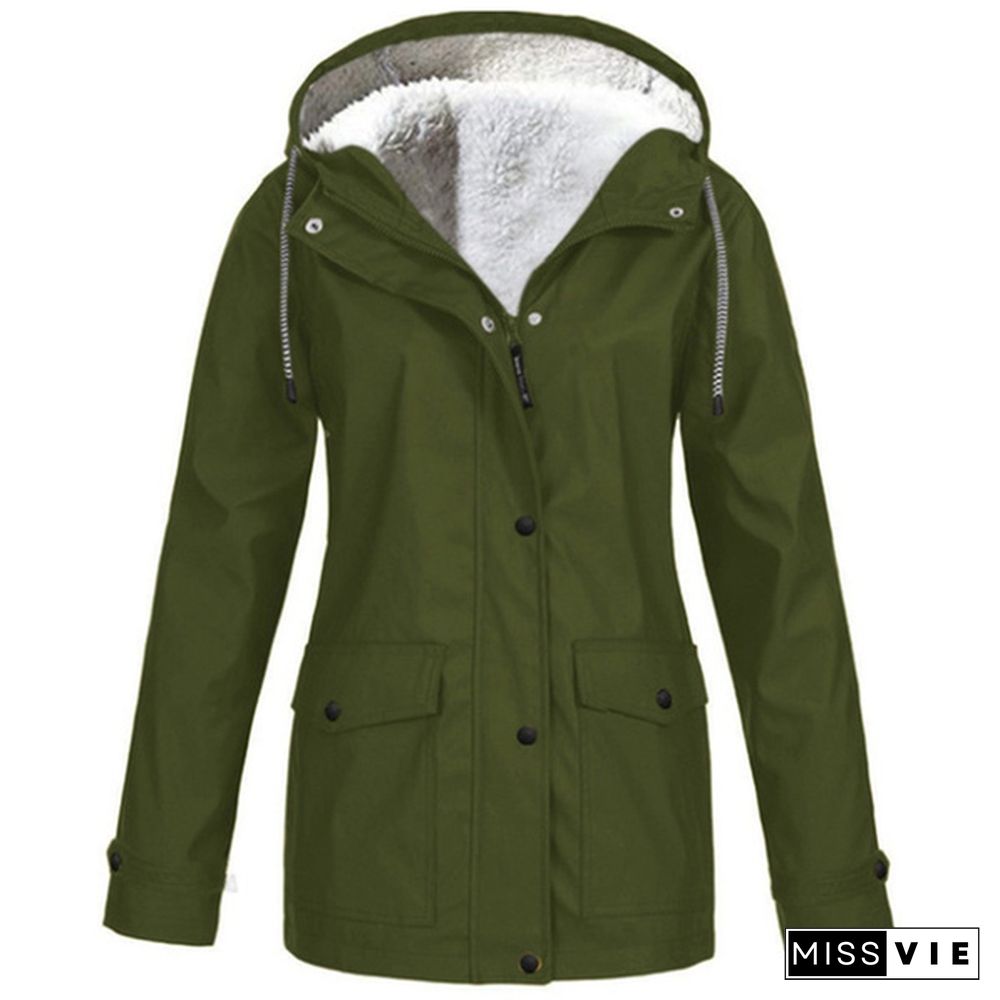 Womens Fashion All Seasons Outdoor Waterproof Rain Jacket Casual Loose Plus Size Hooded