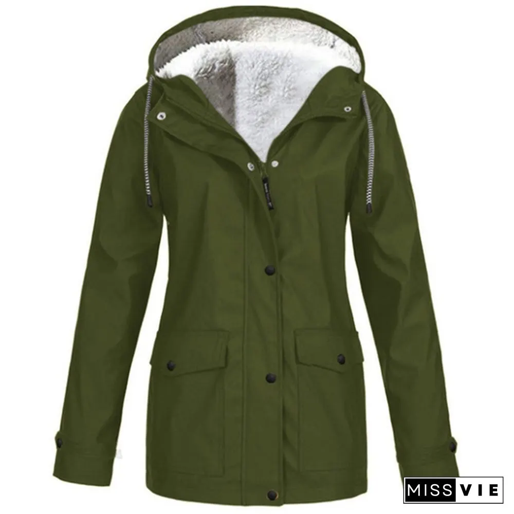 Womens Fashion All Seasons Outdoor Waterproof Rain Jacket Casual Loose Plus Size Hooded