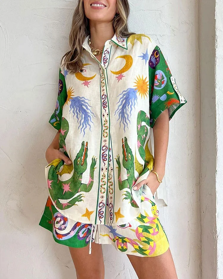 Linen-Blend Signature Print Shirt and Elasticated Shorts Set