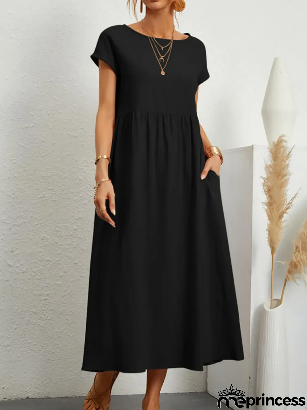 Women's Retro Solid Color Elegant O-Neck Cotton Linen Casual Loose Dress