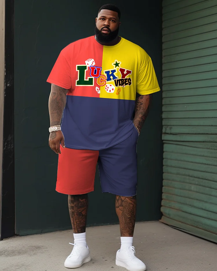 Men's Large Size Street Cartoon Color Block Lucky Dice Graffiti Short Sleeve Shorts Suit