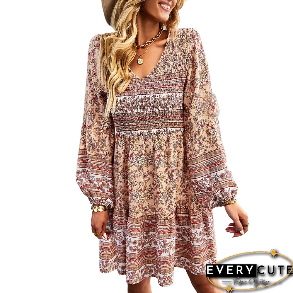 Khaki V Neck Smocked Floral Long Sleeve Boho Dress