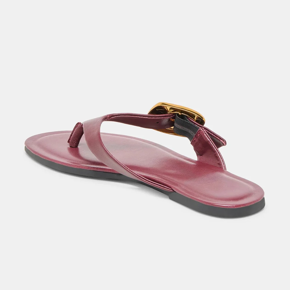 Casual Burgundy Open Round Toe Buckle Decor Flip Flops for Women