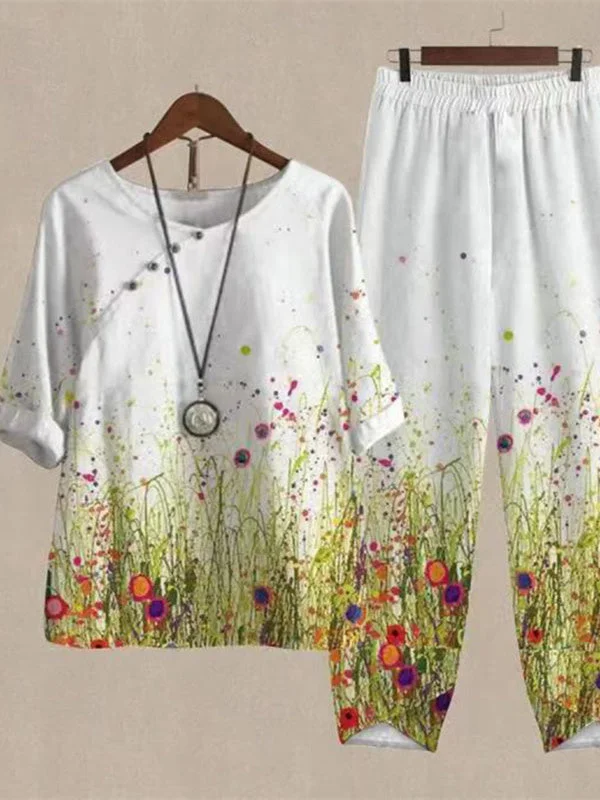 Women's Stitching Button Floral Graphic Printed Scoop Neck Short Sleeve Sets