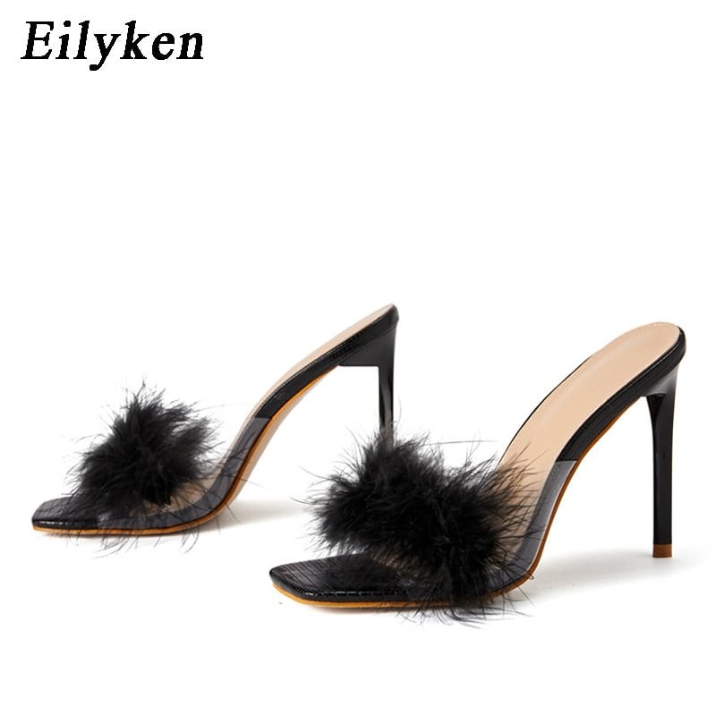 Eilyken Woman Feather High heels Fur PVC Slippers Sandals Women Peep toe Mules Lady Pumps Slides White Pink Black size 35-42