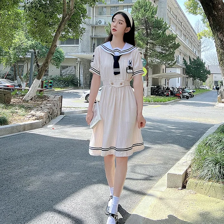 Girlfriend Boyfriend JK Uniform Sailor Collar Dress T-Shirt Pants - Modakawa modakawa