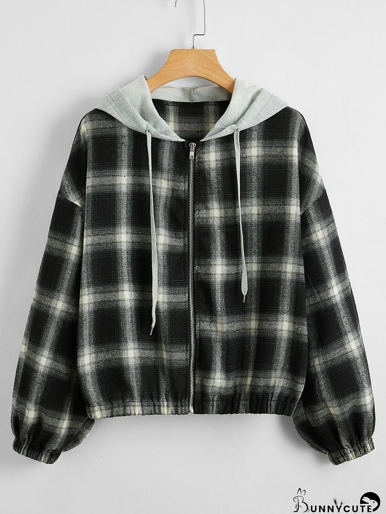 Contrast Hooded Plaid Zip Up Jacket for Women