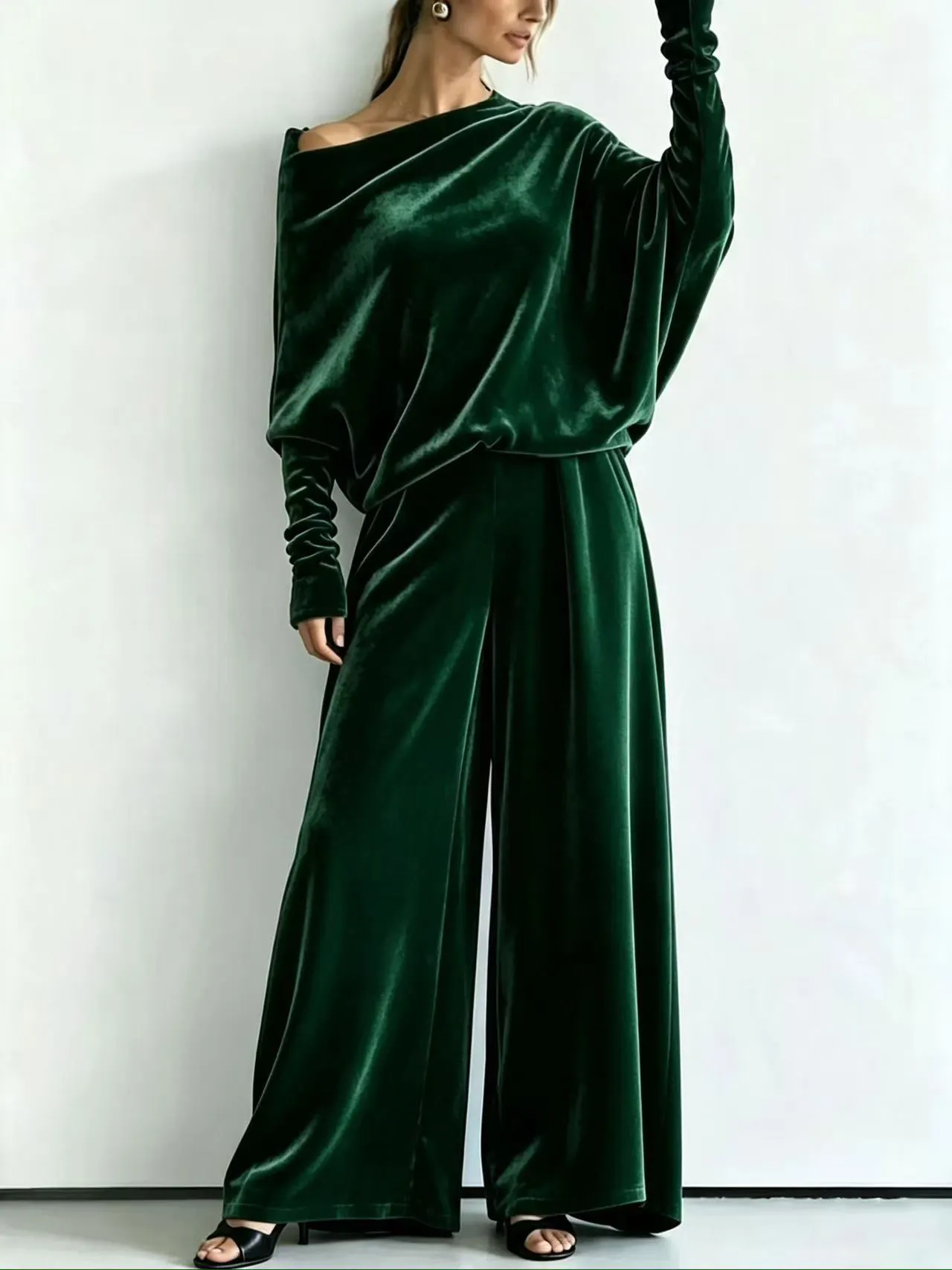 Women's Off Shoulder Long Sleeve Top Wide Leg Pants Matching Outfit